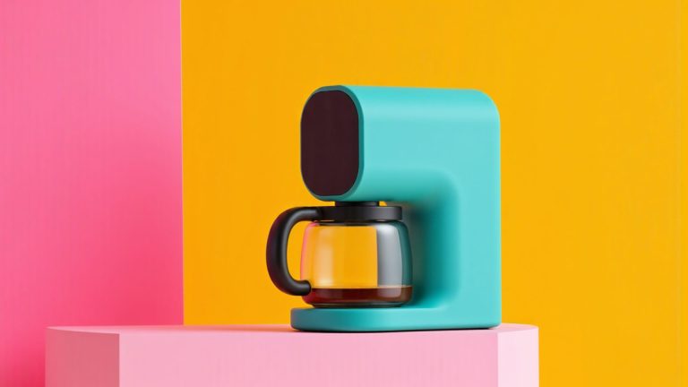 cafetera moderna de color verde en un entorno de colores cálidos